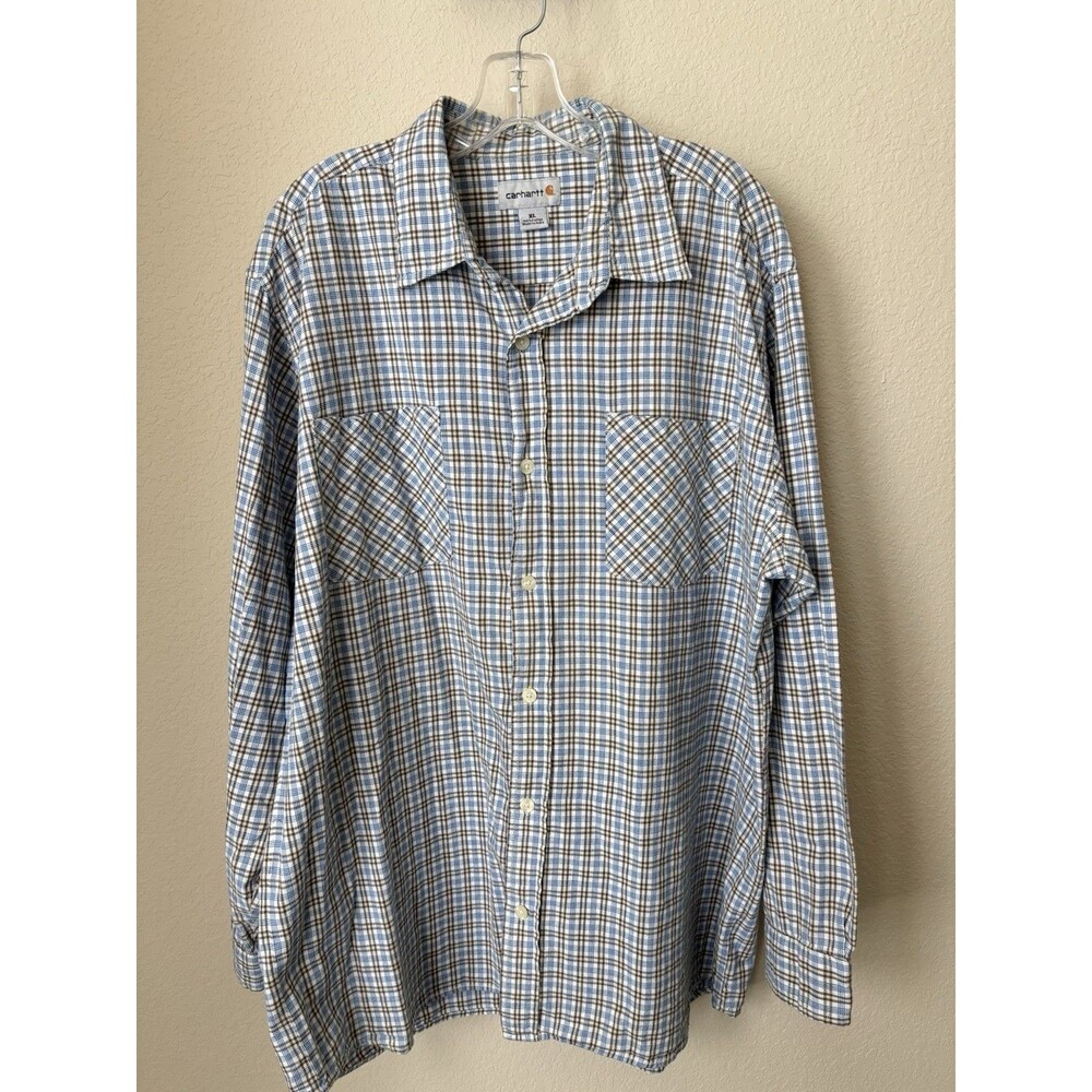 Carhartt Men's Size XL Blue White Tan Plaid Button Down Long Sleeve Shirt
